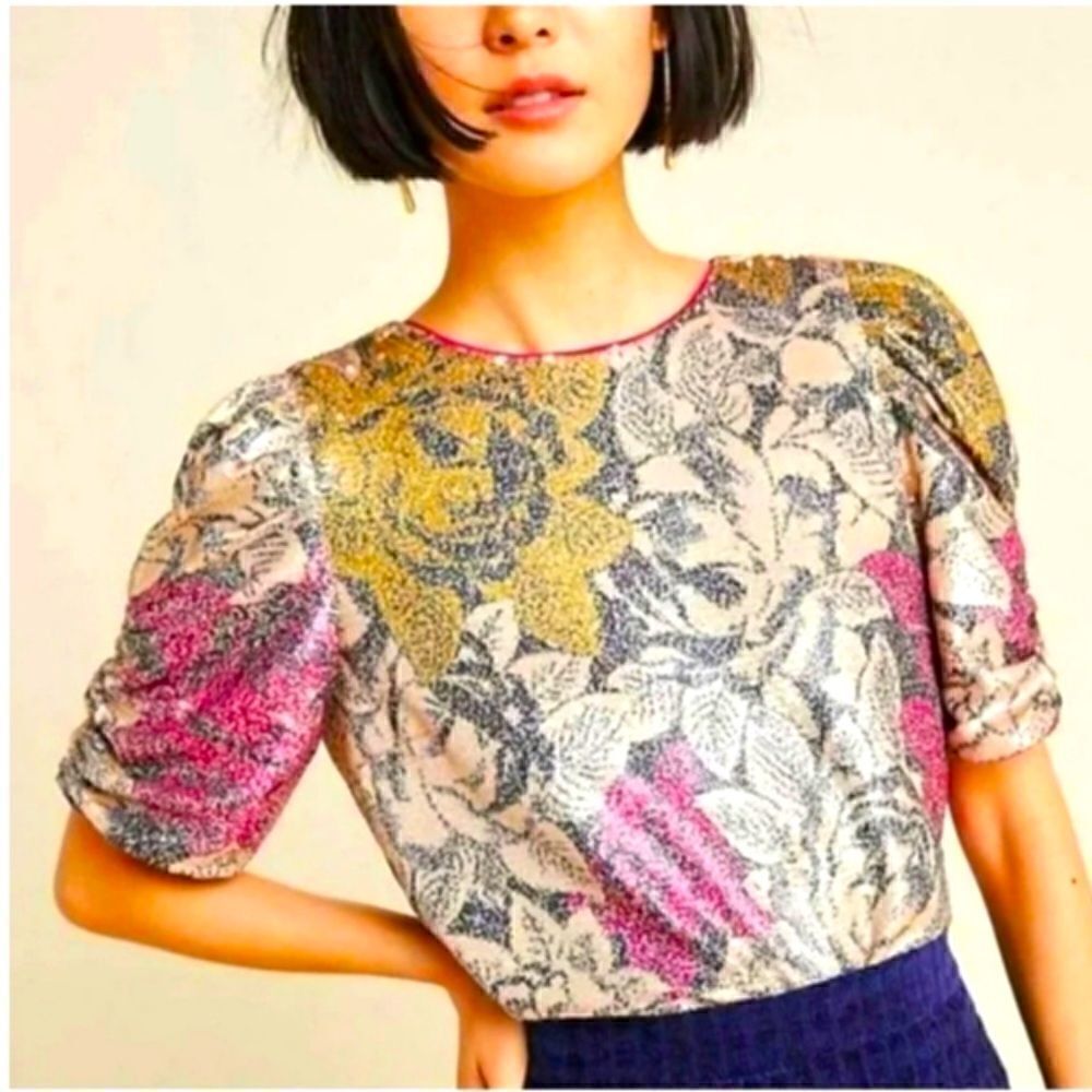 Anthropologie Floral Metallic Puff-Sleeve Top in Gold, Pink, Blue